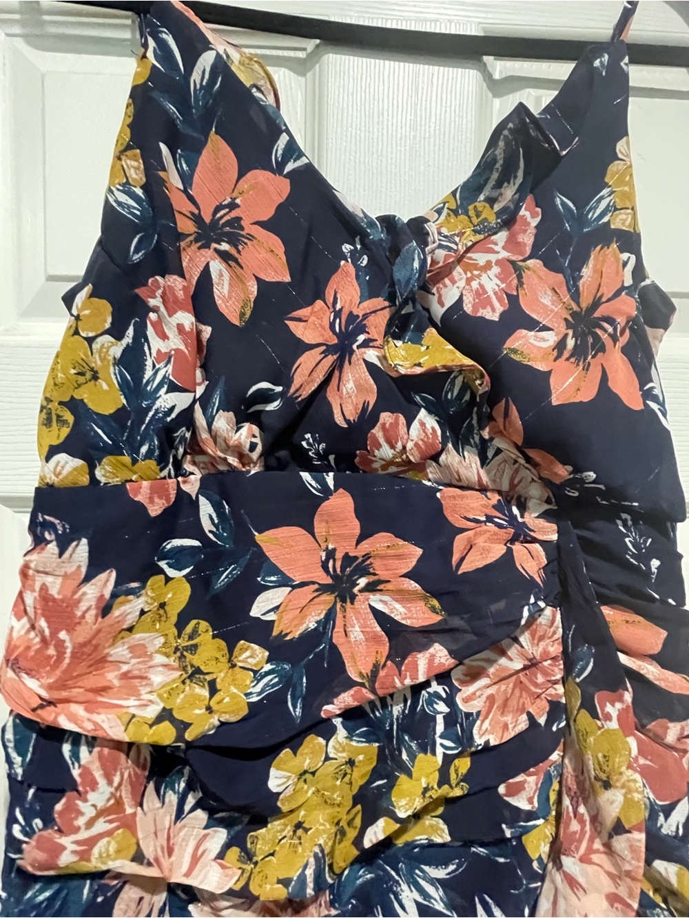 Lulus Navy Floral Ruched Ruffle Midi Dress - Picture 3 of 4